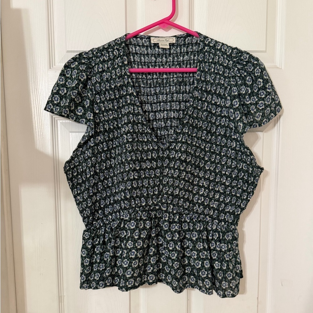 American Eagle Outfitters Black Floral Smocked V-Neck Peplum Top